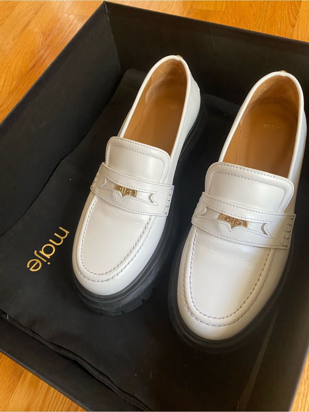 Maje White Leather Penny Loafers with Gold Accent